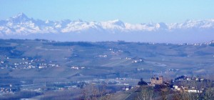 view across Grinzane Cavour to Monviso