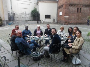 Italian language tudents enjoying a Bicerin chocolate and coffee drink in Turin