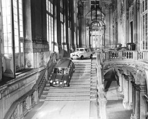 The Italian Job vintage photo of Minis going down stairs in Palazzo Madama